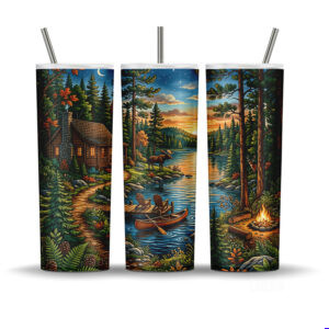 Weekend at the Cottage tumbler wrap PNG with camping pattern, paddles, campfire, lantern, fish and pine trees