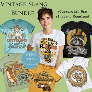 Vintage Slang Bundle mockup showing six retro phrase t-shirt designs with model wearing The Bee's Knees shirt