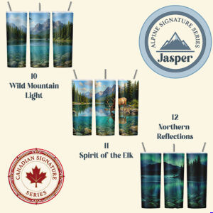Canadian Signature Series Jasper Alpine Collection tumbler wrap bundle with mountain, elk, and northern lights scenes