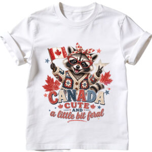 Canada raccoon PNG featuring a cute raccoon with red glasses, Canadian flag, maple leaves, stars, and the phrase Canada Cute And A Little Bit Feral.