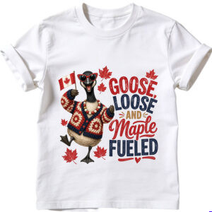 Funny Canada goose wearing heart sunglasses and a patterned sweater vest with Goose Loose And Maple Fueled word art and Canadian flag details