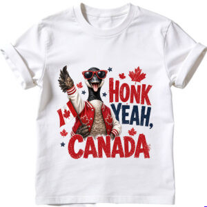 Honk Yeah Canada PNG featuring a funny Canadian goose wearing red sunglasses and a varsity jacket while holding a flag with maple leaves and bold lettering.
