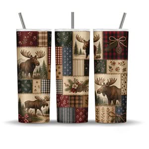 Moose lodge patchwork tumbler wrap sublimation PNG on 20oz skinny tumblers with deep red buffalo plaid hunter green navy cabin lodge design bull moose antlers