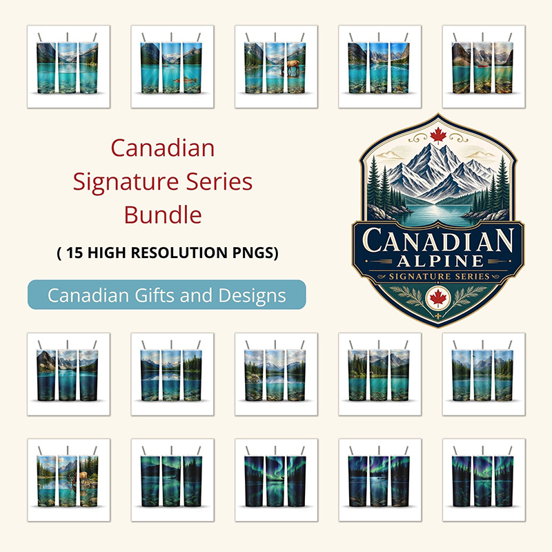 Canadian Alpine Signature Series Bundle featuring 15 scenic mountain lake tumbler wrap PNG designs with Canadian wilderness, forests, wildlife, and northern lights.