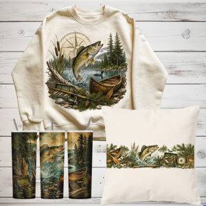 Walleye Canoe Heritage Canadian Wilderness Collection Vol 1 No 04 sublimation PNG bundle shown on cream sweatshirt, tumblers, and cream pillow