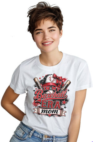 In my baseball era mom sublimation PNG on white t-shirt baseball cap with heart red glitter bow crossed bats sparkle stars red brush stroke background glitter script typography