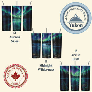 Yukon aurora tumbler wrap bundle with three designs from the Canadian Signature Series Alpine Collection