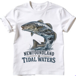 Newfoundland Tidal Waters fish PNG featuring a coastal fish with tidal water scenery, rocky shoreline, fishing boat detail, splash textures, and vintage lettering.