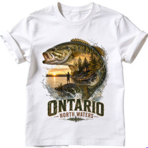 Ontario North Waters PNG bass fishing sublimation design with largemouth bass, sunset lake, pine trees, and angler scene
