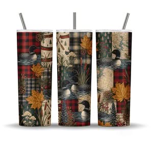 Loon tumbler wrap png with vintage cabin patchwork, buffalo plaid, red canoe, maple leaves, pinecones, and a lake map on a 20oz skinny tumbler mockup. Designed by Canadian Gifts & Designs.