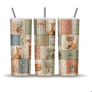Cottage fox patchwork tumbler wrap sublimation PNG on 20oz skinny tumblers with sage terracotta pink cottagecore quilt design and flower crown foxes