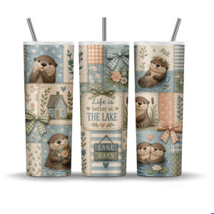 Lake otter patchwork tumbler wrap sublimation PNG on 20oz skinny tumblers with dusty blue sage peach cottagecore lake design life is better at the lake