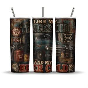 I like my trucks old and my beer cold tumbler wrap sublimation PNG on 20oz skinny tumbler deep teal vintage truck near-black aged metal background cream gold red lettering, shop accents