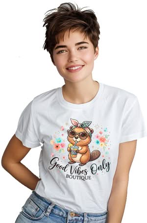 Good vibes only PNG featuring a watercolour beaver in a leopard messy bow bandana and sunglasses drinking iced lemonade among pastel florals, butterflies, and gold glitter, shown on a white t-shirt.
