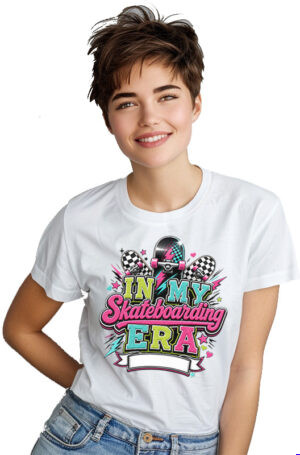In My Skateboarding Era PNG customizable sports design with skateboards, checkered accents, lightning bolts, hearts, stars, and blank banner
