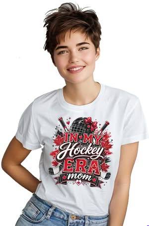In my hockey era mom Canadian sublimation PNG on white t-shirt black hockey helmet red bow large red maple leaves crossed sticks hearts sparkle red brush stroke background white glitter script hockey typography