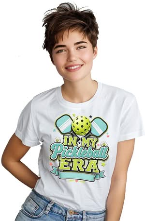 In My Pickleball Era PNG customizable sports design with pickleball paddles, bright pickleball, pastel lettering, daisies, hearts, stars, and blank banner
