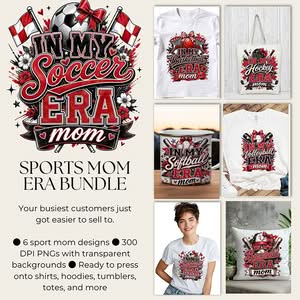 Sports mom png bundle mockup showing six grunge in my sports era mom sublimation designs for soccer, hockey, basketball, softball, volleyball, and baseball in red, black, and white with florals and a bow, pressed onto a t-shirt, tote bag, mug, and pillow.
