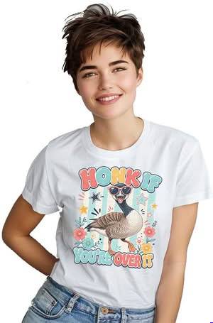 Honk if you're over it sublimation PNG on white t-shirt with Canada goose red sunglasses open beak honking teal stripe background retro orange teal lettering funny wildlife humor design