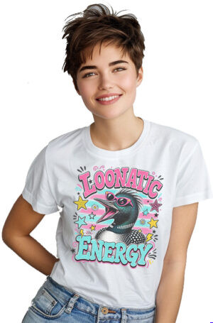 Loonatic Energy PNG funny Canadian loon sublimation design with pink sunglasses and retro stars
